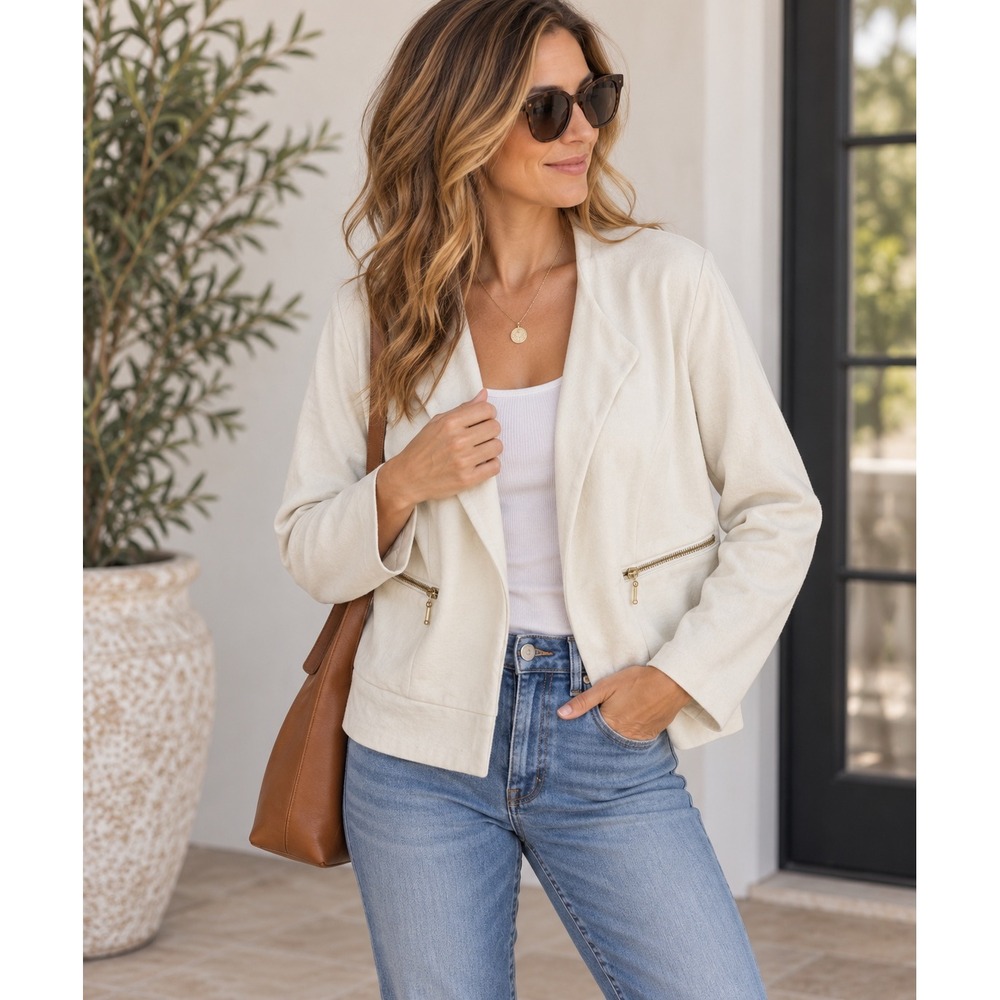 Chicos Off White Ivory Open Front Knit Blazer Jacket Gold Zip Pockets Size 1 M